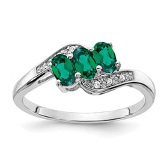 Sterling Silver Rhodium-plated Created Emerald and Diamond Ring