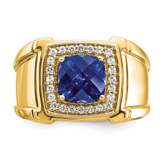 14K Lab Grown Diamond and Created Blue Sapphire Men's Ring