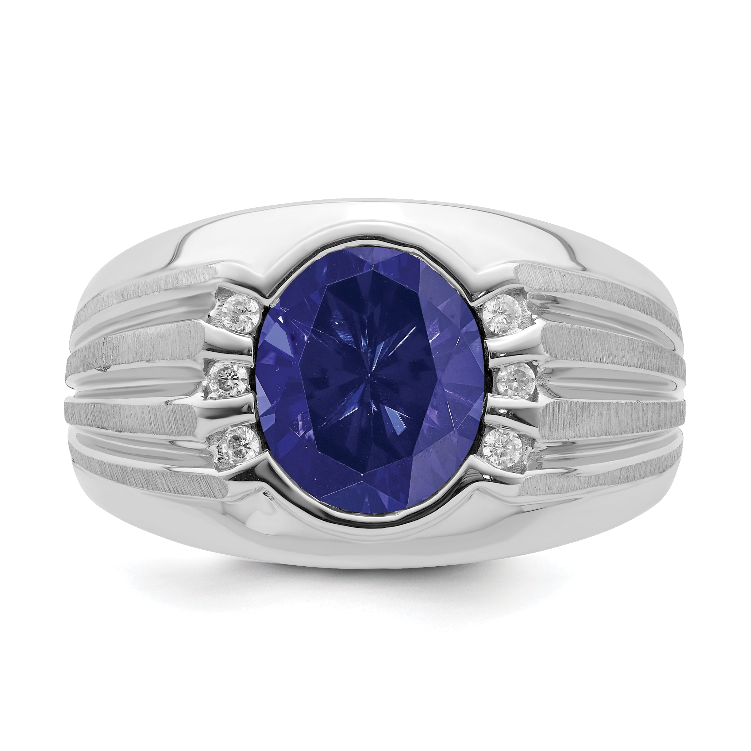 10k White Gold Created Sapphire and Diamond Mens Ring