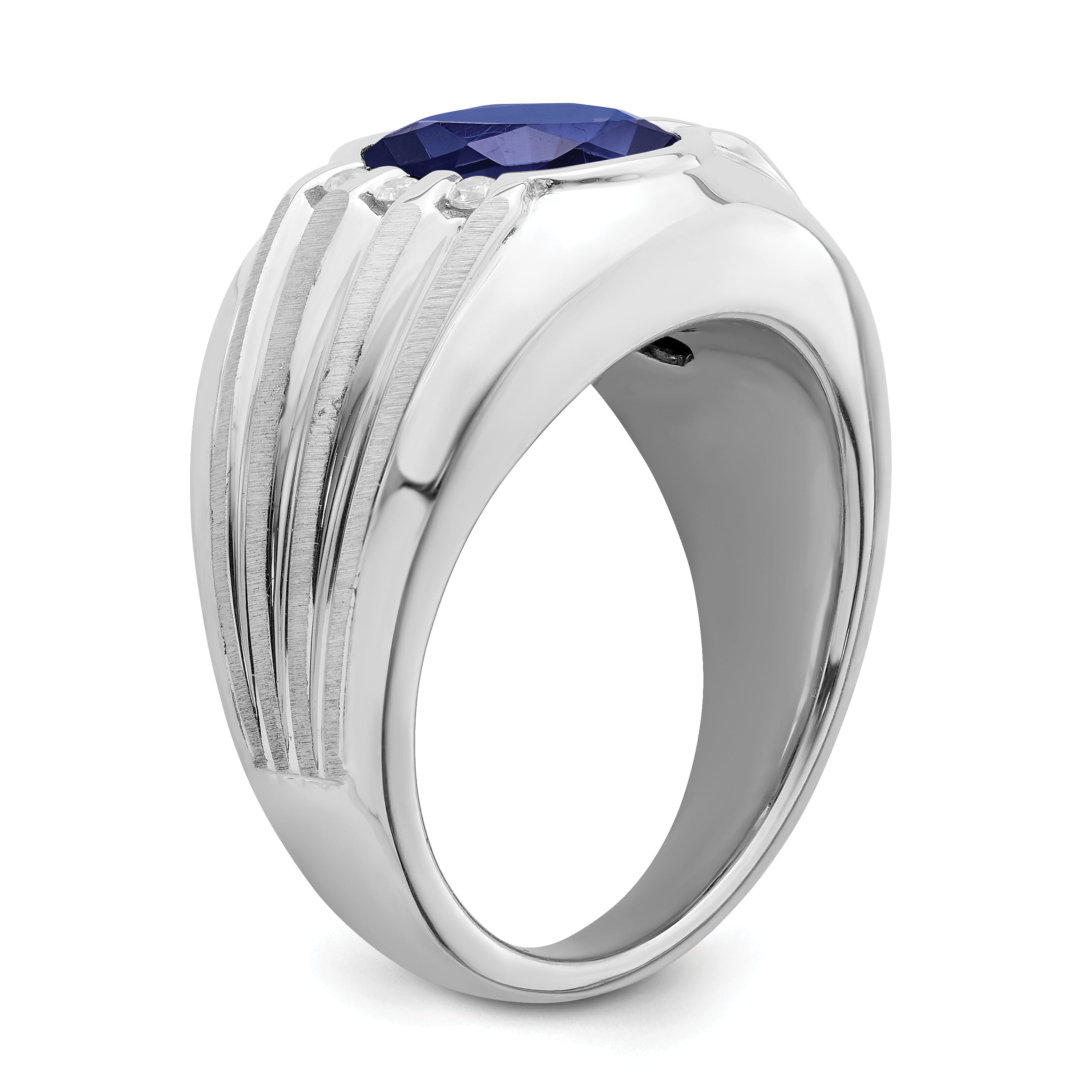 10k White Gold Created Sapphire and Diamond Mens Ring