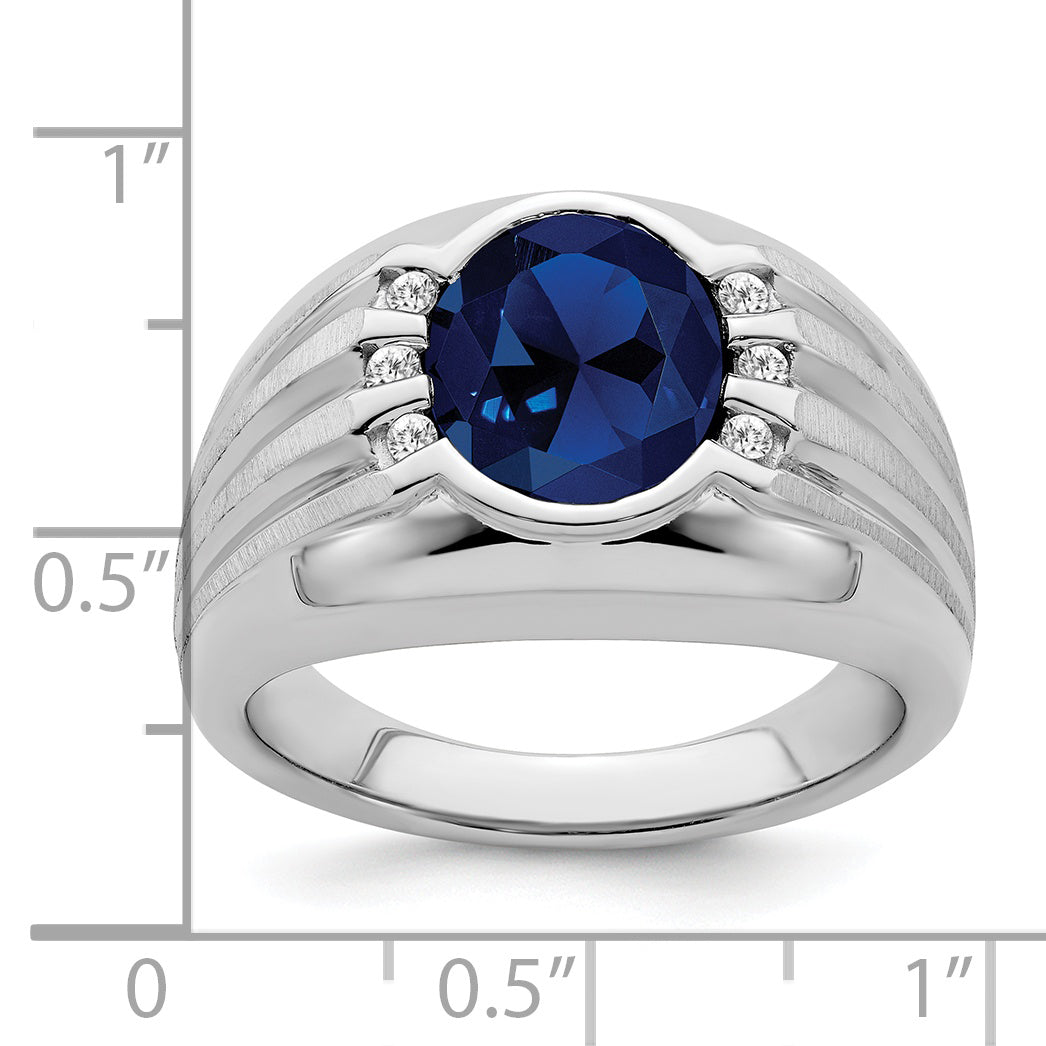 10k White Gold Created Sapphire and Diamond Mens Ring