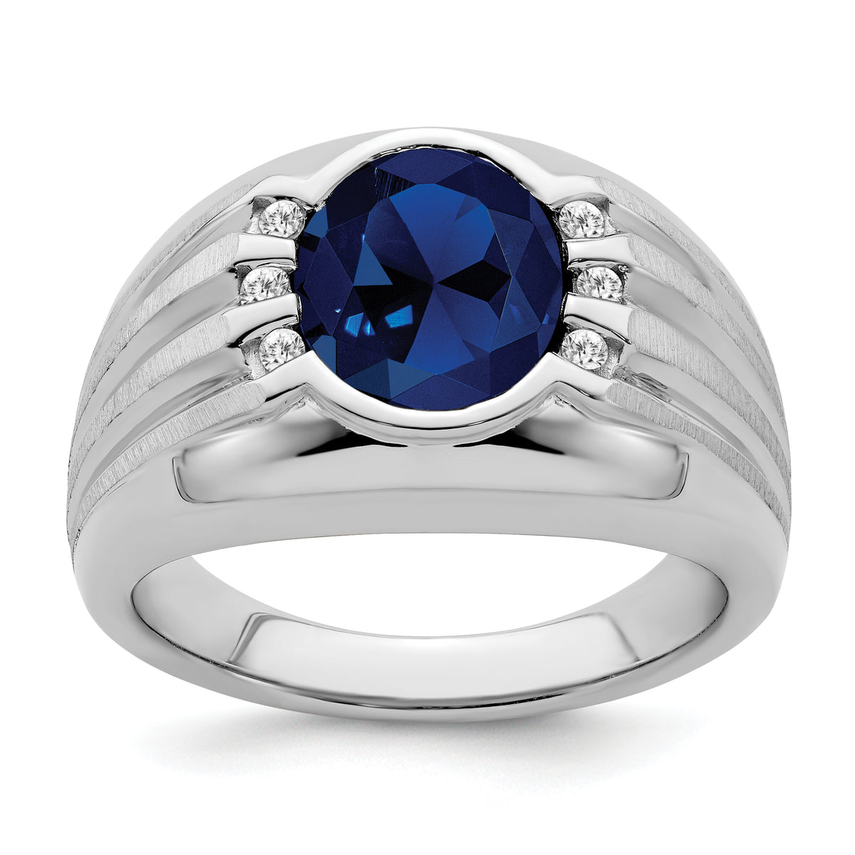 10k White Gold Created Sapphire and Diamond Mens Ring