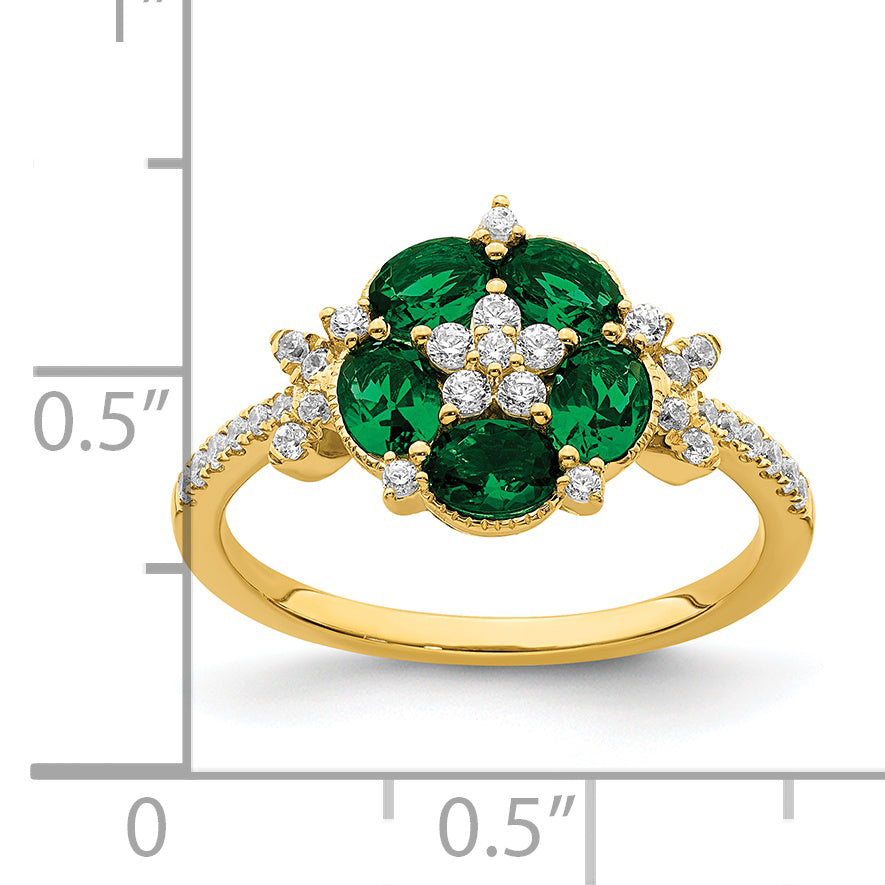 14K Lab Grown Diamond and Lab Created Emerald Floral Ring