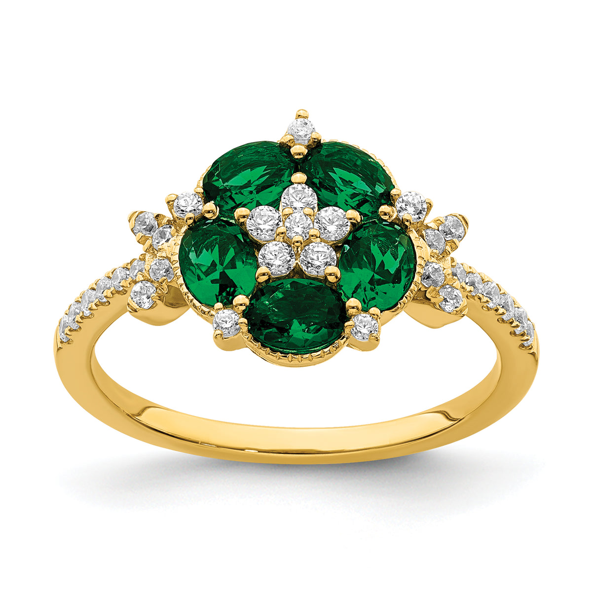 14K Lab Grown Diamond and Lab Created Emerald Floral Ring