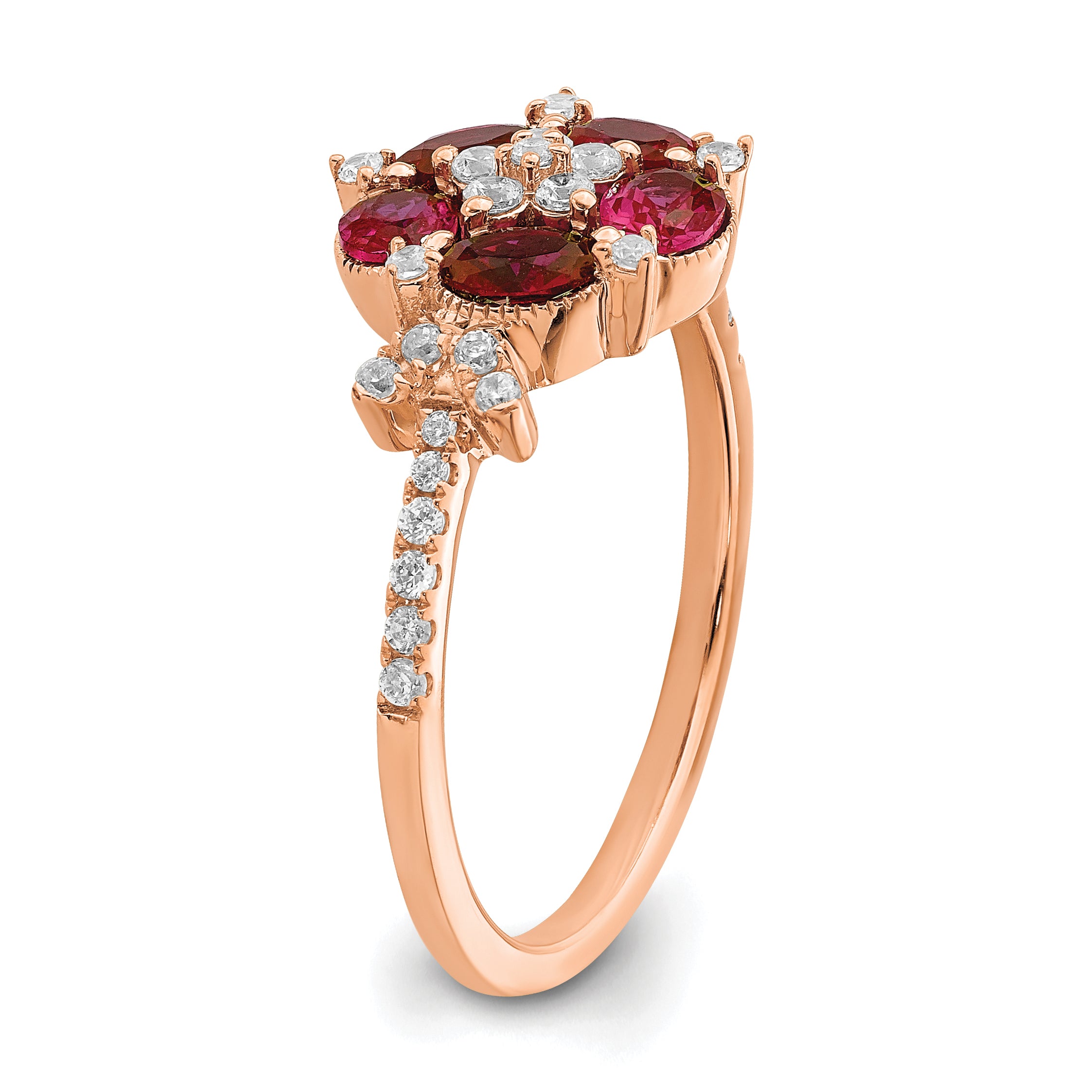 14K Rose Gold Lab Grown Diamond SI1/SI2, G H, Cr.Ruby Floral Ring