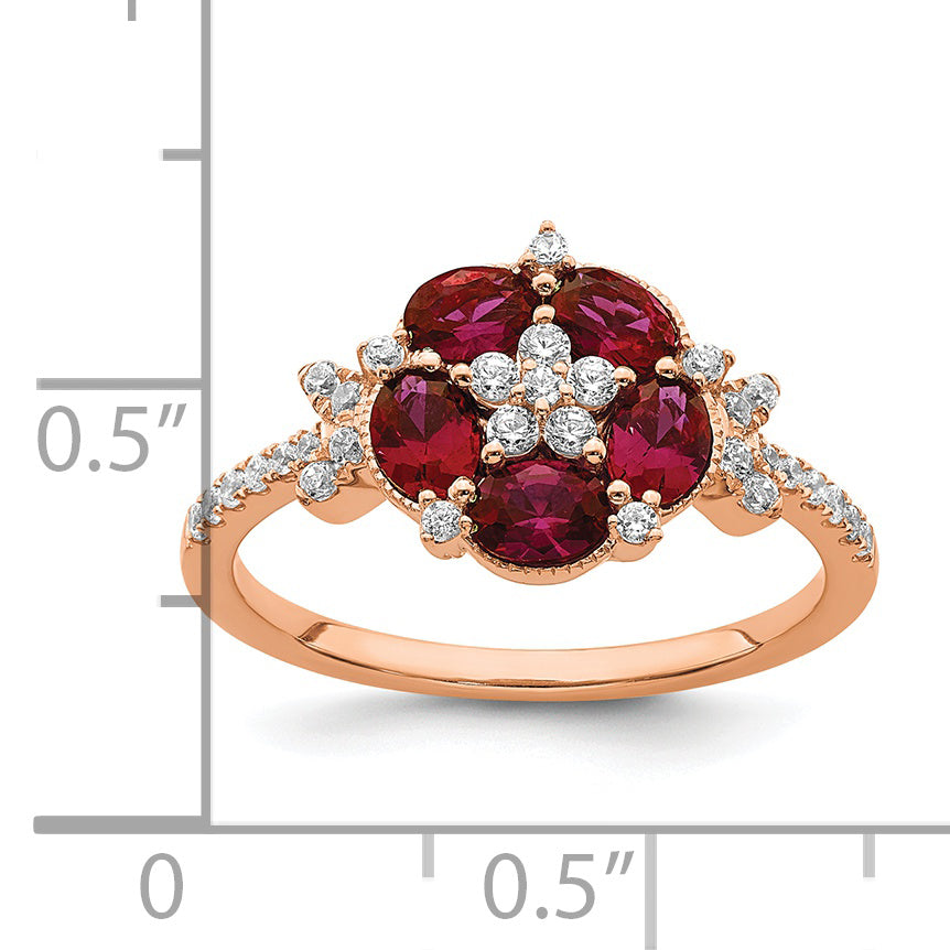 14K Rose Gold Lab Grown Diamond SI1/SI2, G H, Cr.Ruby Floral Ring