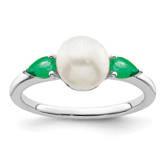 14k White Gold FWC Pearl and Emerald Ring