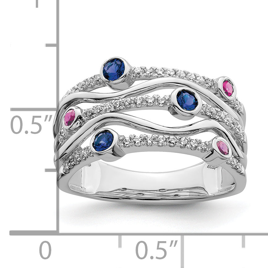 14K White Gold Lab Grown Diamond and Lab Created Blue and Pink Sapphire Wavy Ring