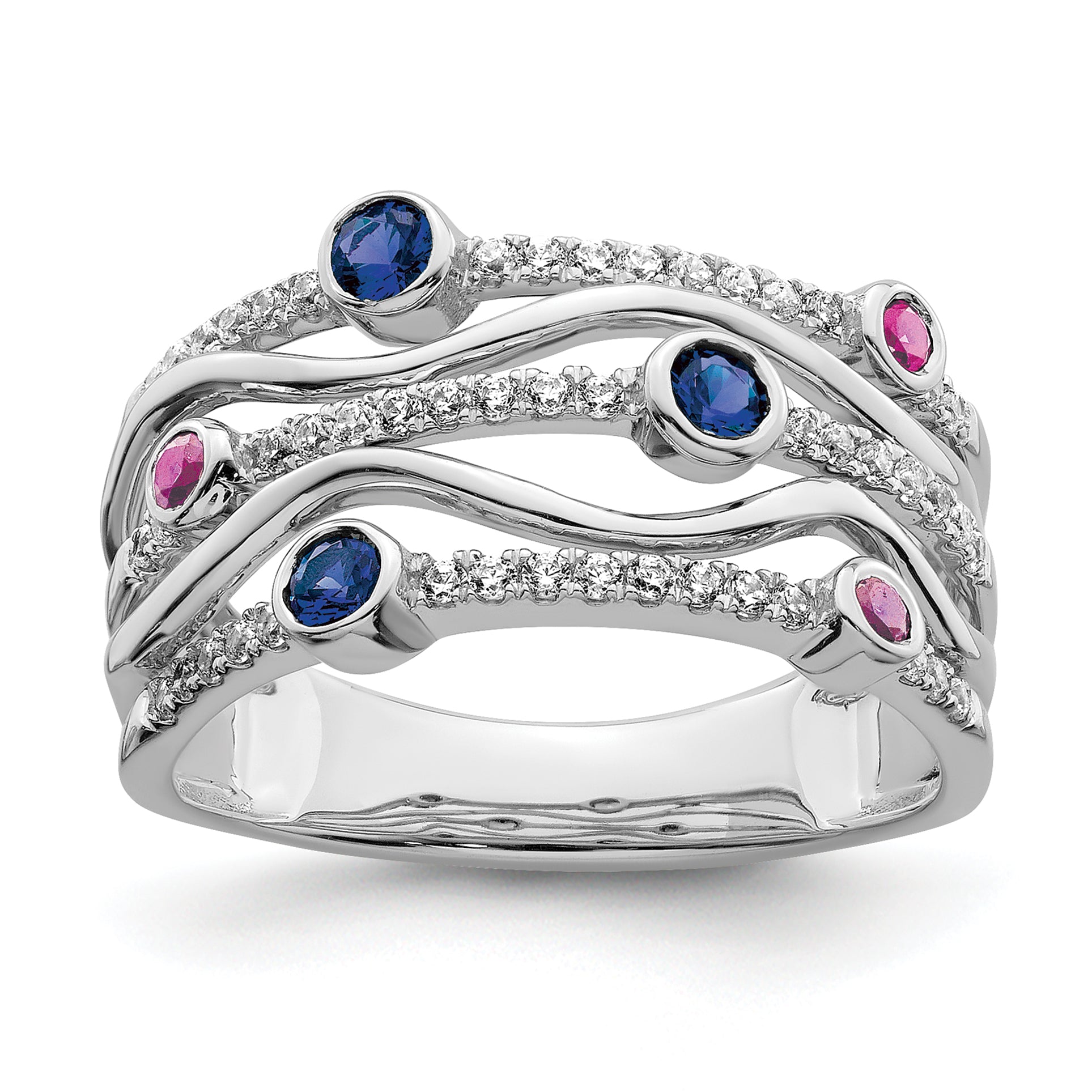 14K White Gold Lab Grown Diamond and Lab Created Blue and Pink Sapphire Wavy Ring