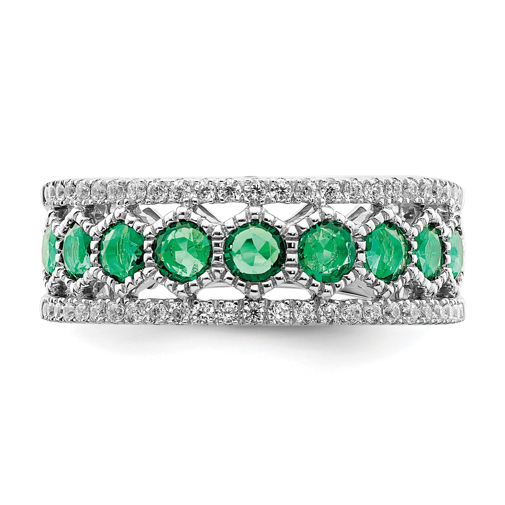 14k White Gold Polished Emerald and Diamond Ring