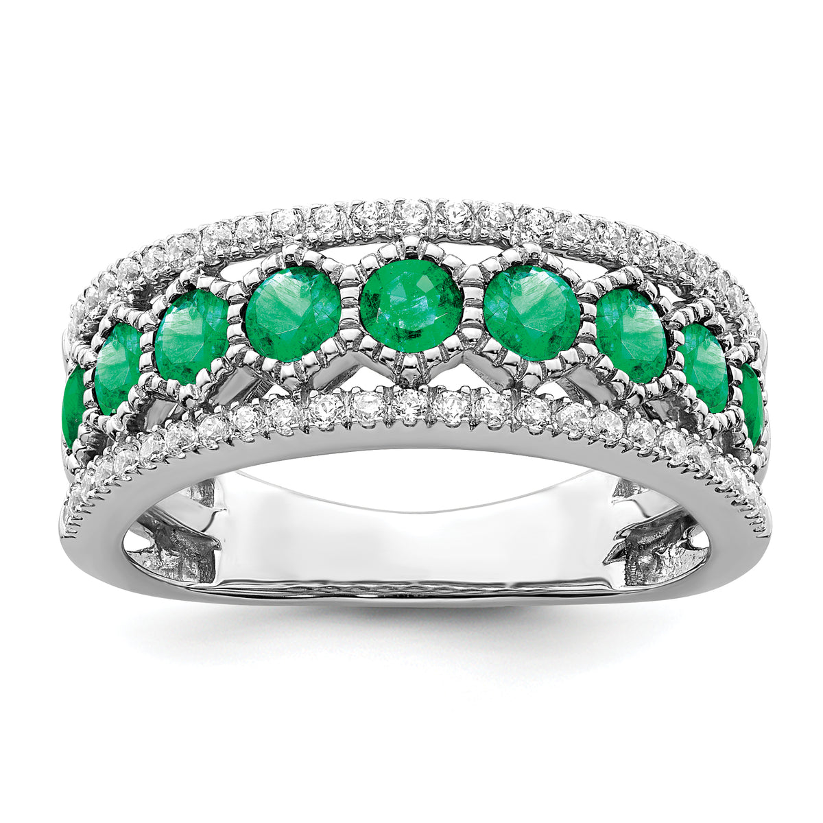 14k White Gold Polished Emerald and Diamond Ring