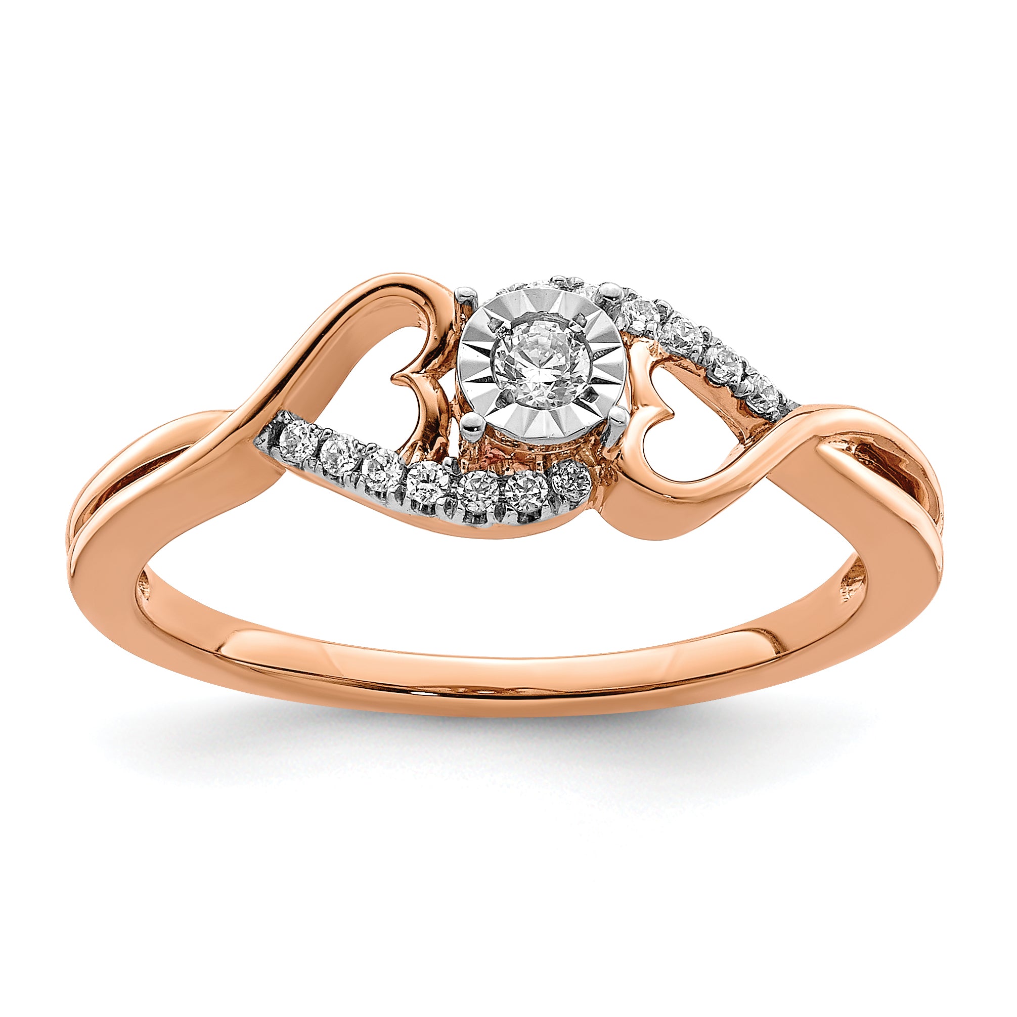 14k Rose Gold Polished Side Hearts Diamond Ring