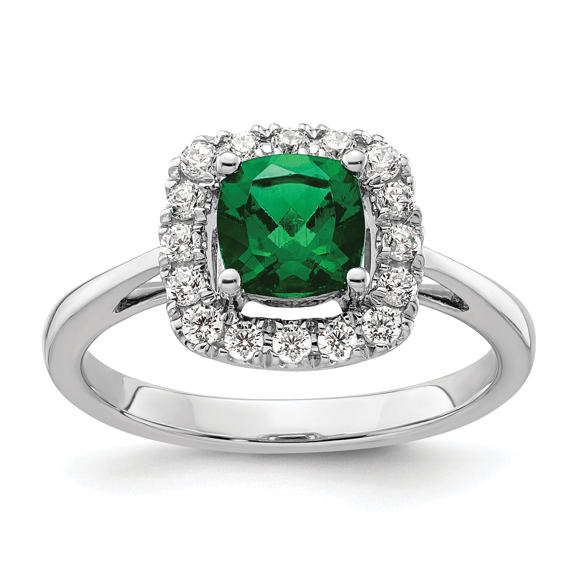 14K White Gold Lab Grown Diamond and Created Emerald Halo Ring