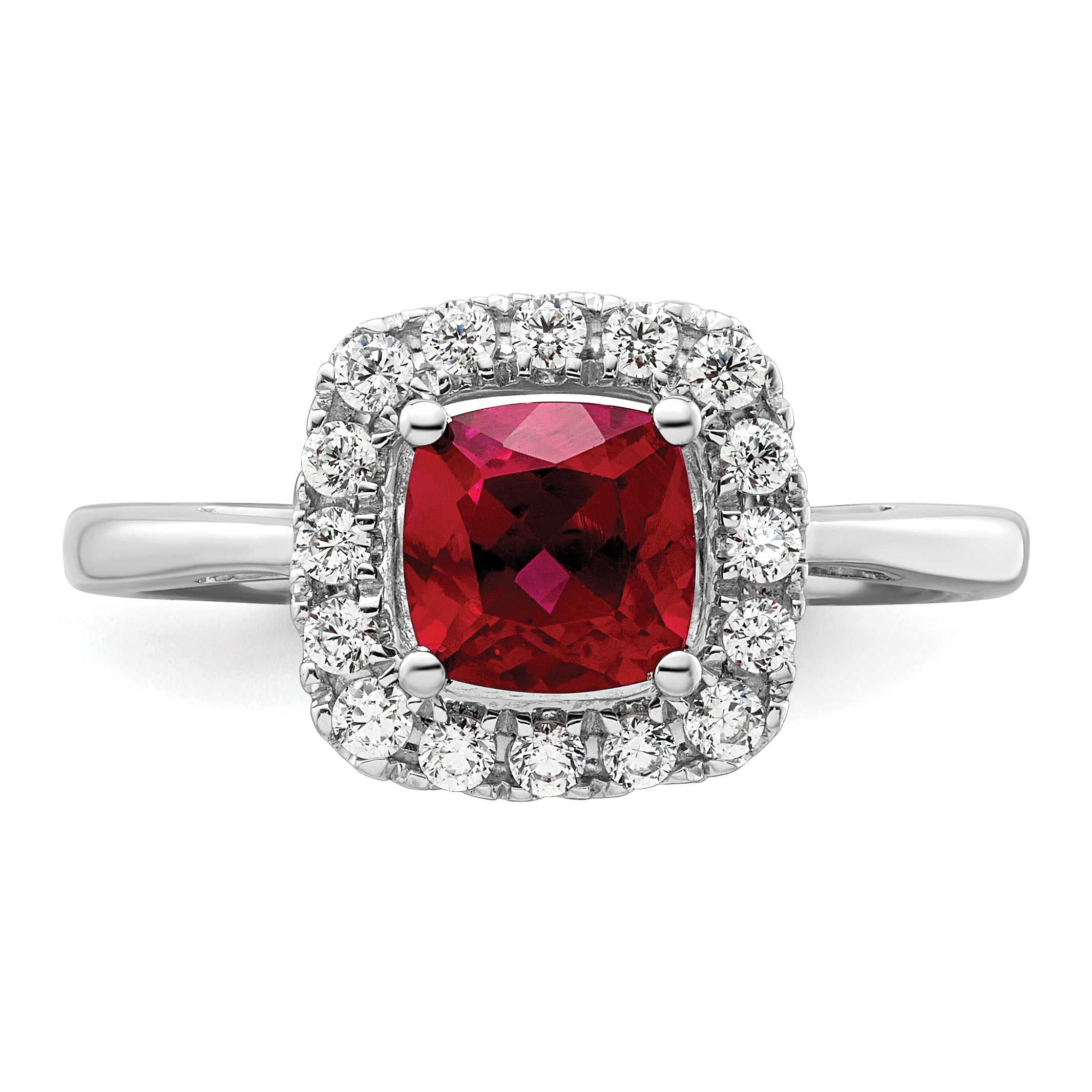 14K White Gold Lab Grown Diamond and Created Ruby Halo Ring