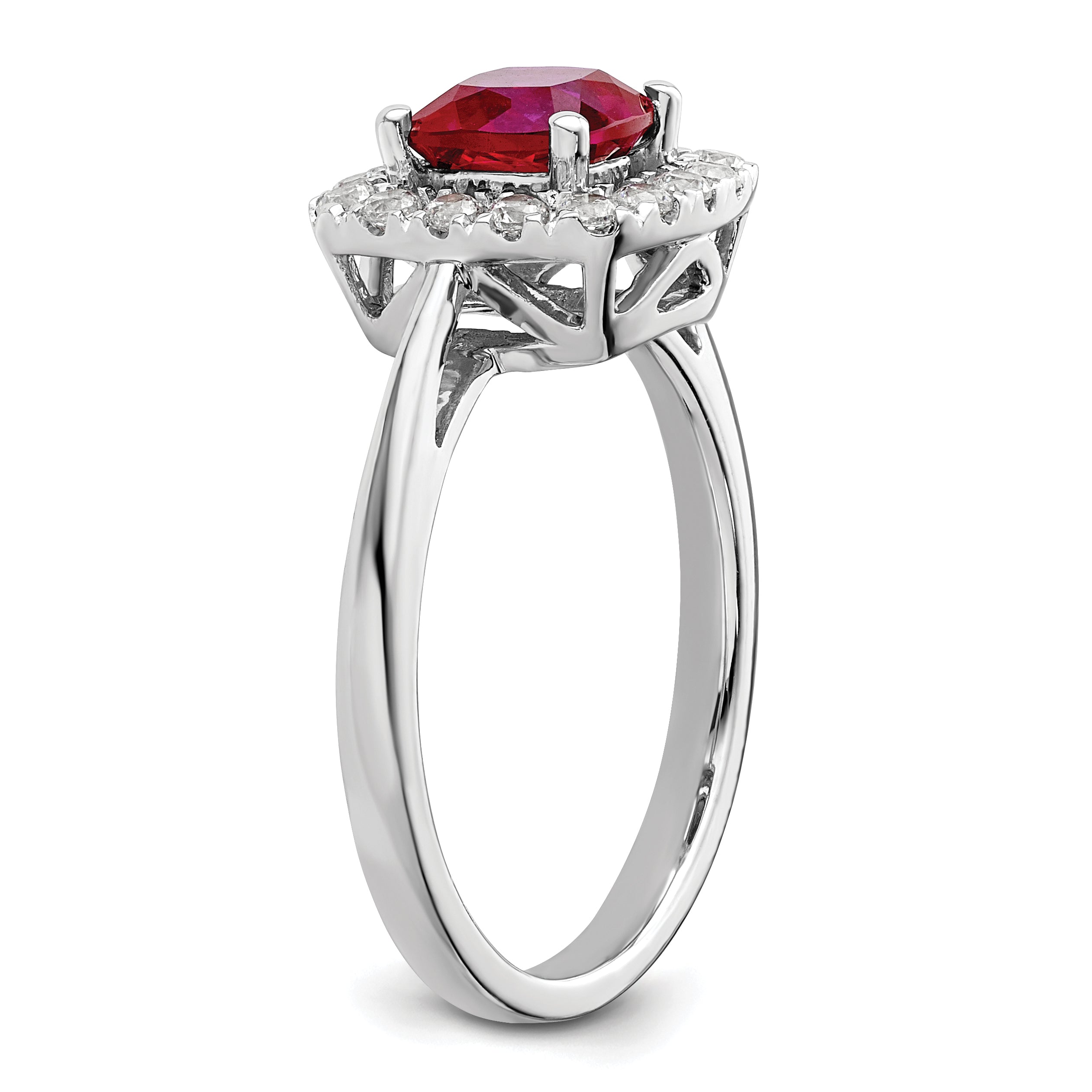 14K White Gold Lab Grown Diamond and Created Ruby Halo Ring