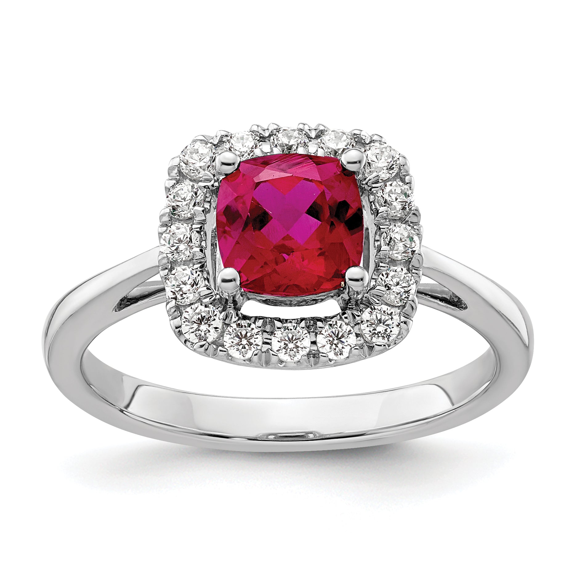 14K White Gold Lab Grown Diamond and Created Ruby Halo Ring