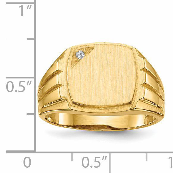 14k 11.5x12.0mm Grooved Sides Open Back AA Diamond Men's Signet Ring