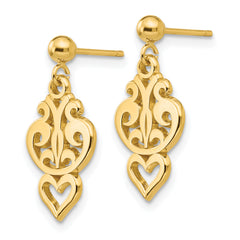 14K Gold Polished Filigree Heart Dangle Earrings for Women