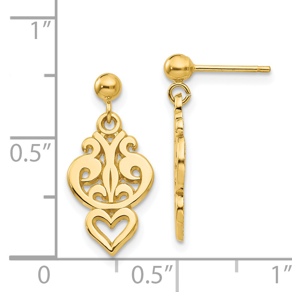 14K Gold Polished Filigree Heart Dangle Earrings for Women