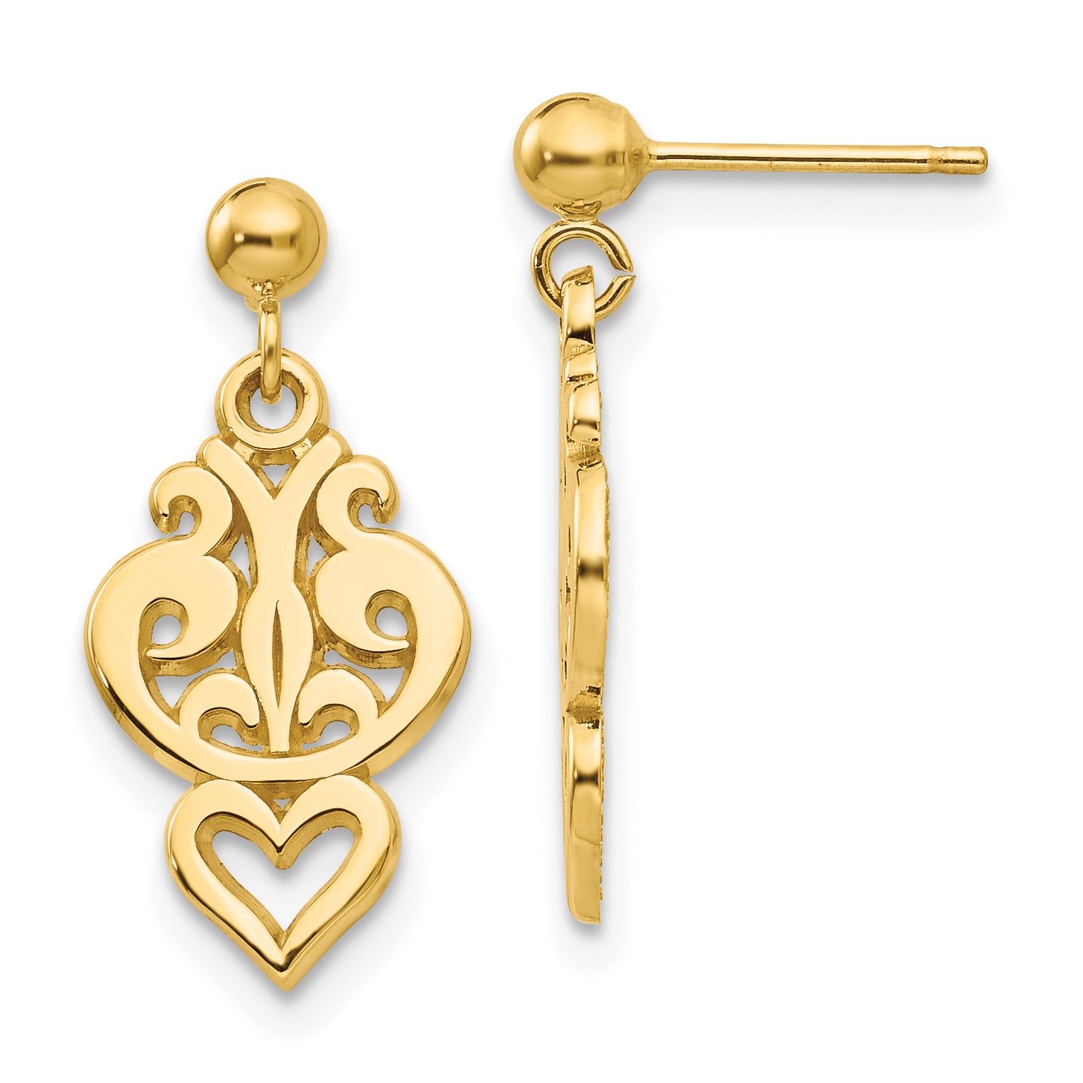 14k Polished Filigree Fancy Heart Post Dangle Earrings