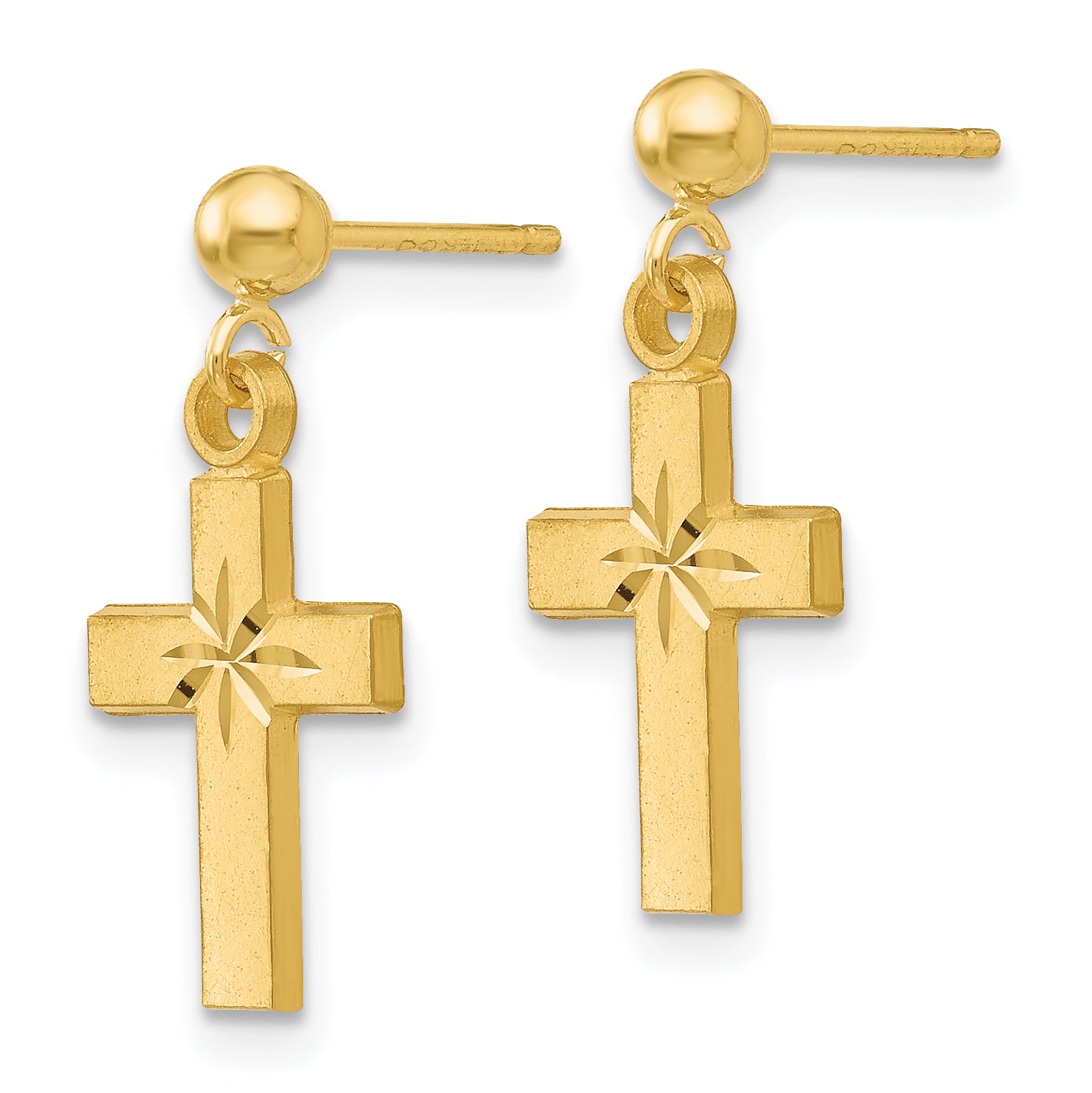 14K Gold Satin Diamond-Cut Cross Earrings Unisex Polished Elegance