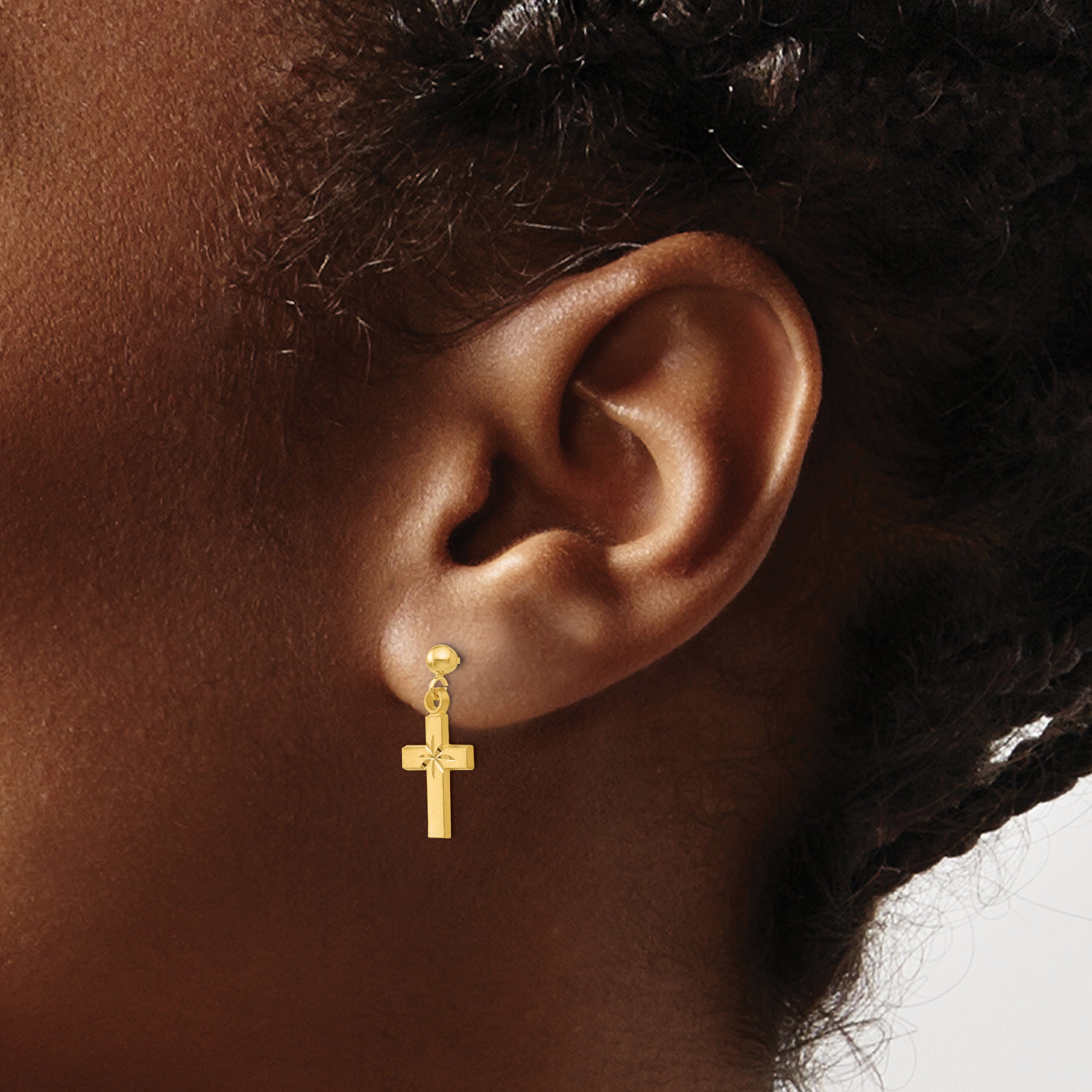 14K Gold Satin Diamond-Cut Cross Earrings Unisex Polished Elegance