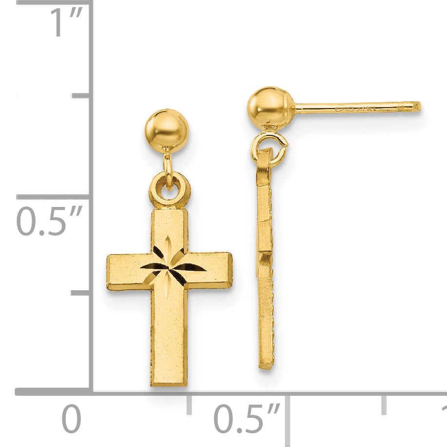 14K Gold Satin Diamond-Cut Cross Earrings Unisex Polished Elegance