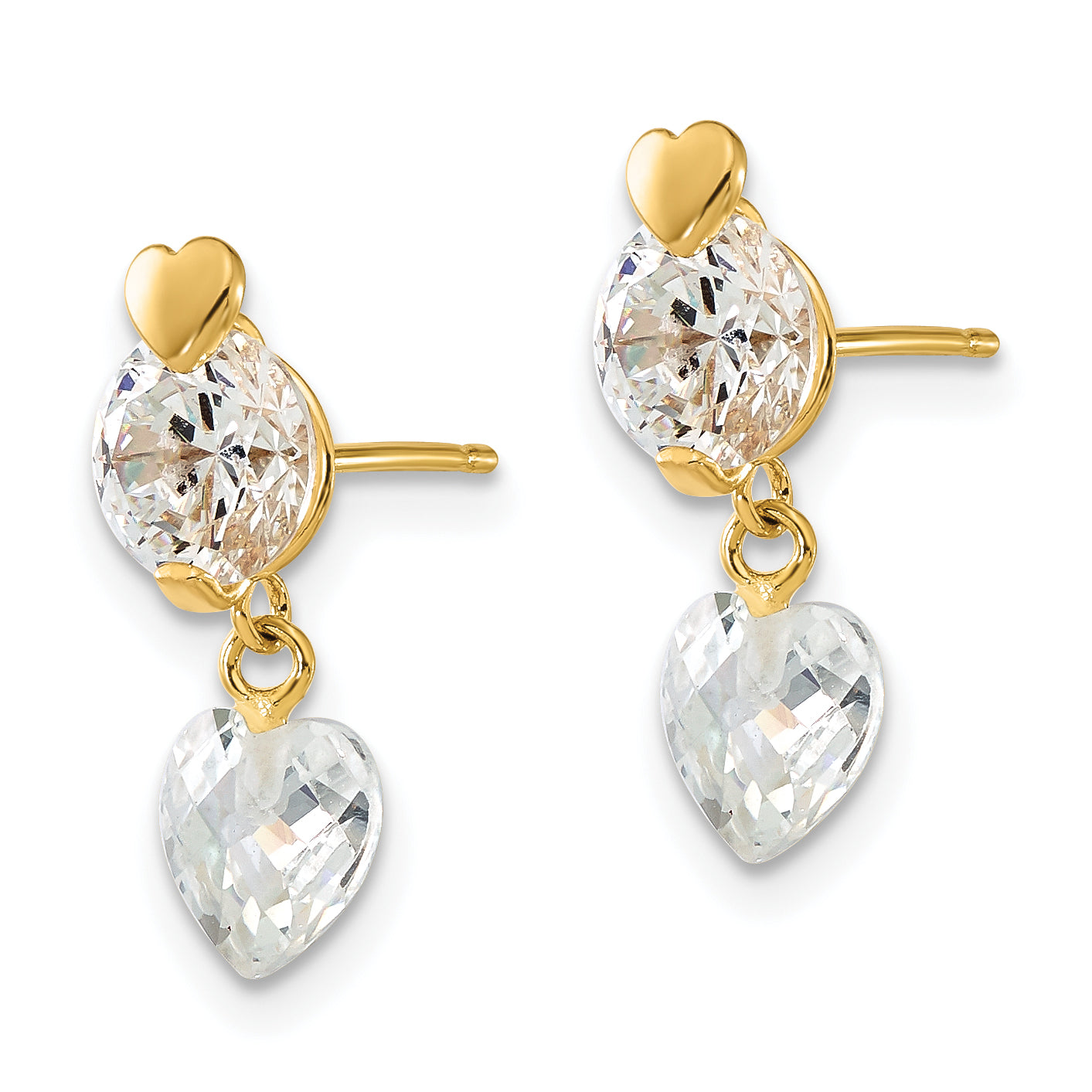 14K Gold Children's CZ Heart Dangle Earrings with Polished Finish