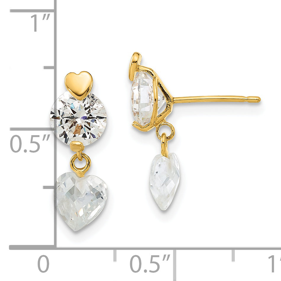 14K Gold Children's CZ Heart Dangle Earrings with Polished Finish