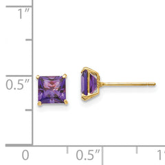 14K Gold Amethyst Stud Earrings with Polished Square Design