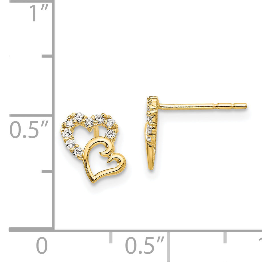 14K Yellow Gold Double Heart Earrings with CZ Stones Elegant and Polished