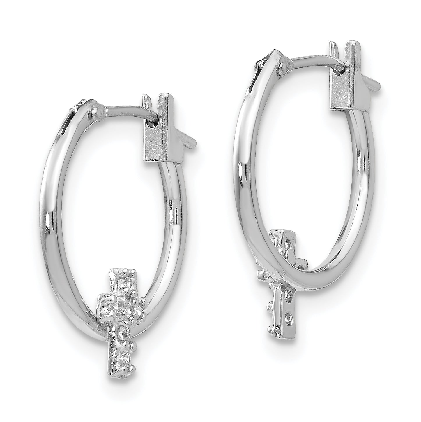 Elegant 14K White Gold CZ Cross Hoop Earrings with Polished Rhodium Finish