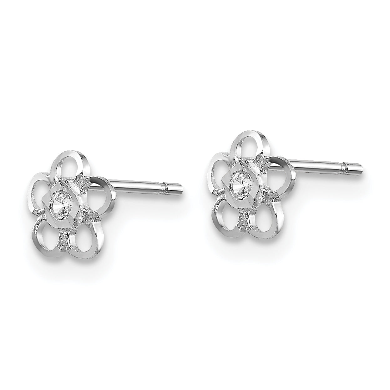 14K White Gold CZ Flower Earrings with Polished Rhodium Finish