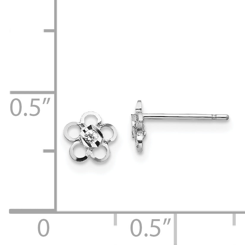 14K White Gold CZ Flower Earrings with Polished Rhodium Finish