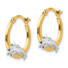 14K Gold Dolphin Hoop Earrings with Rhodium Accent Polished Finish