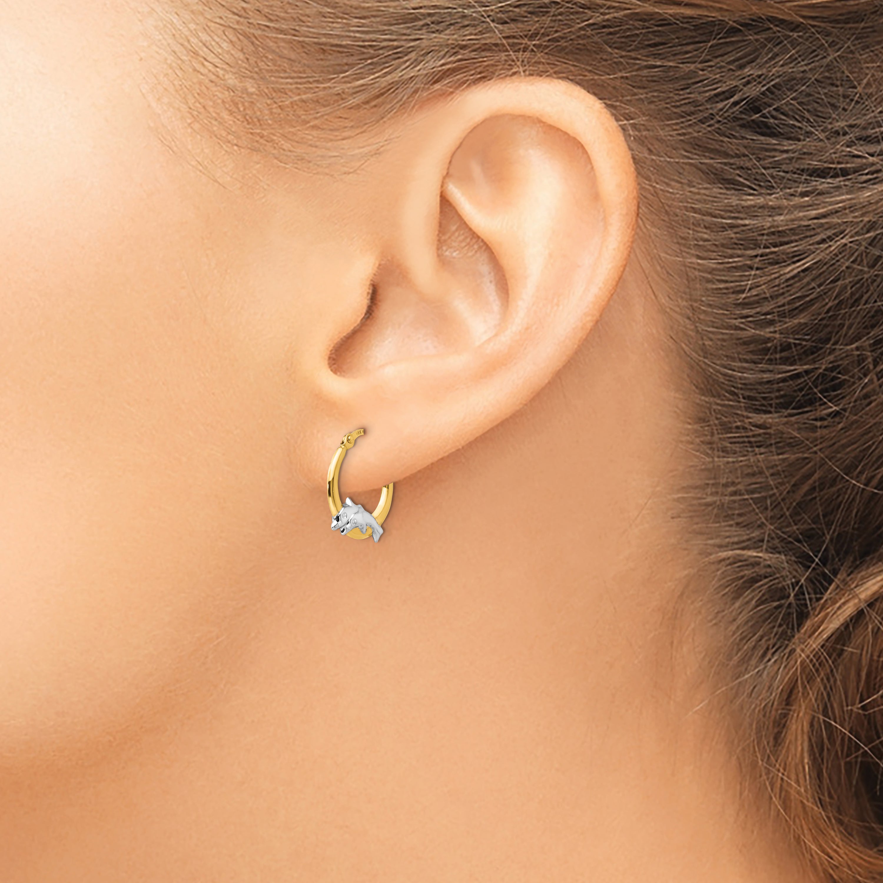 14K Gold Dolphin Hoop Earrings with Rhodium Accent Polished Finish