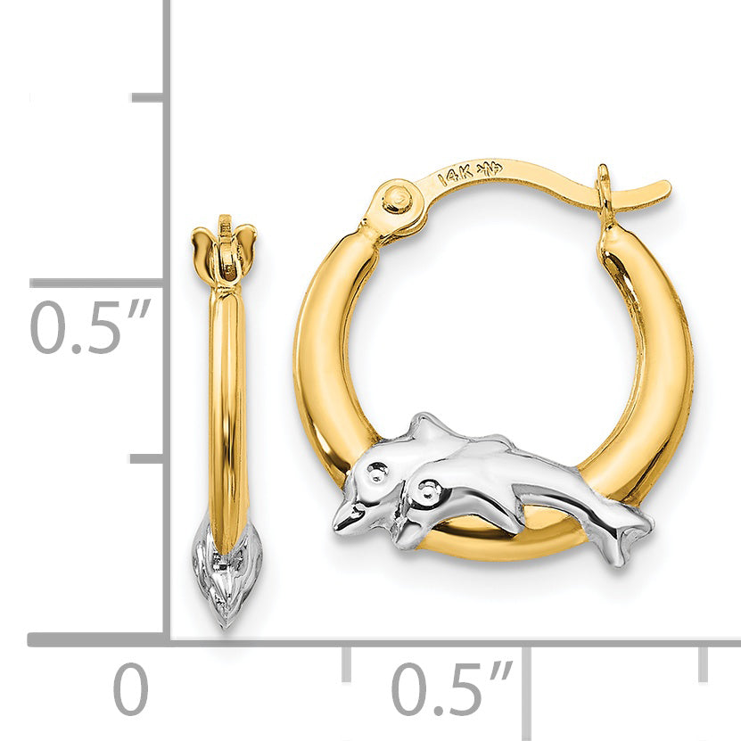 14K Gold Dolphin Hoop Earrings with Rhodium Accent Polished Finish