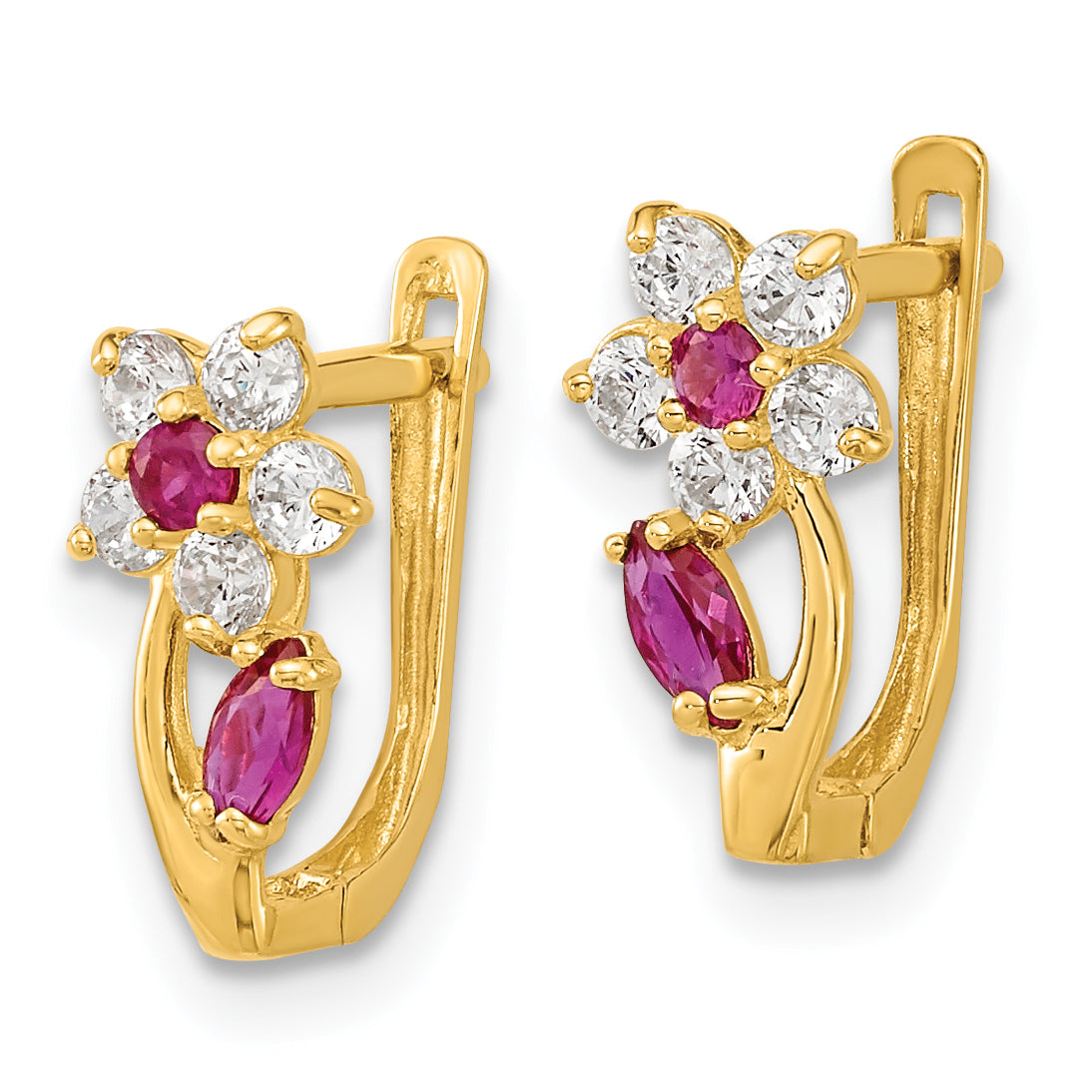 14K Gold Polished Flower Earrings with Red & Clear CZ Stones