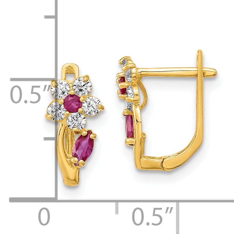 14K Gold Polished Flower Earrings with Red & Clear CZ Stones