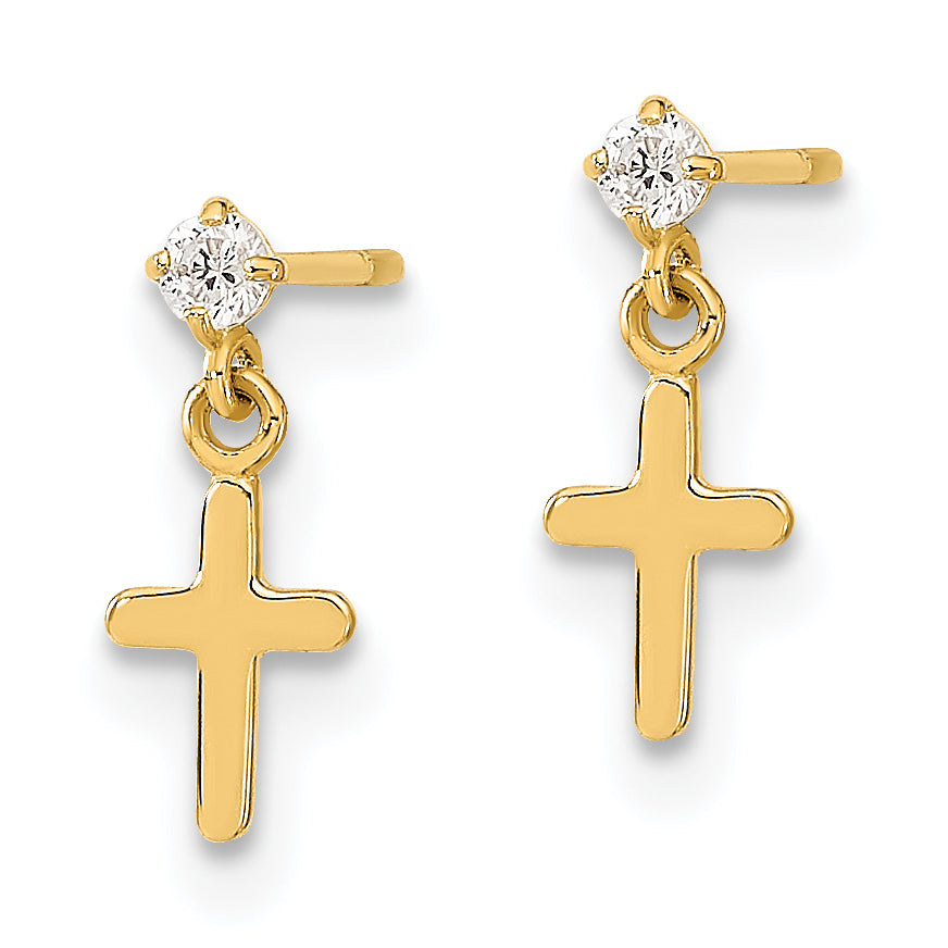 14K Gold Children's CZ Cross Dangle Earrings Polished & Nickel Free