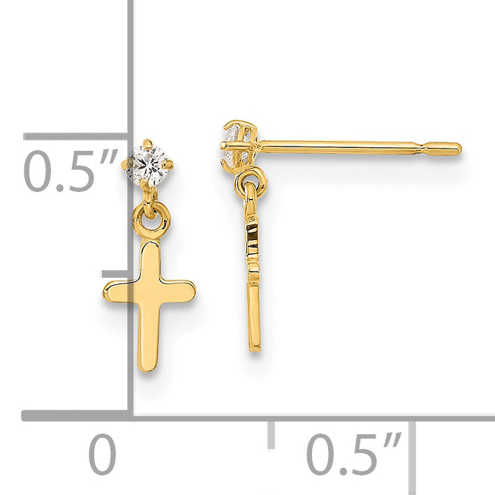 14K Gold Children's CZ Cross Dangle Earrings Polished & Nickel Free