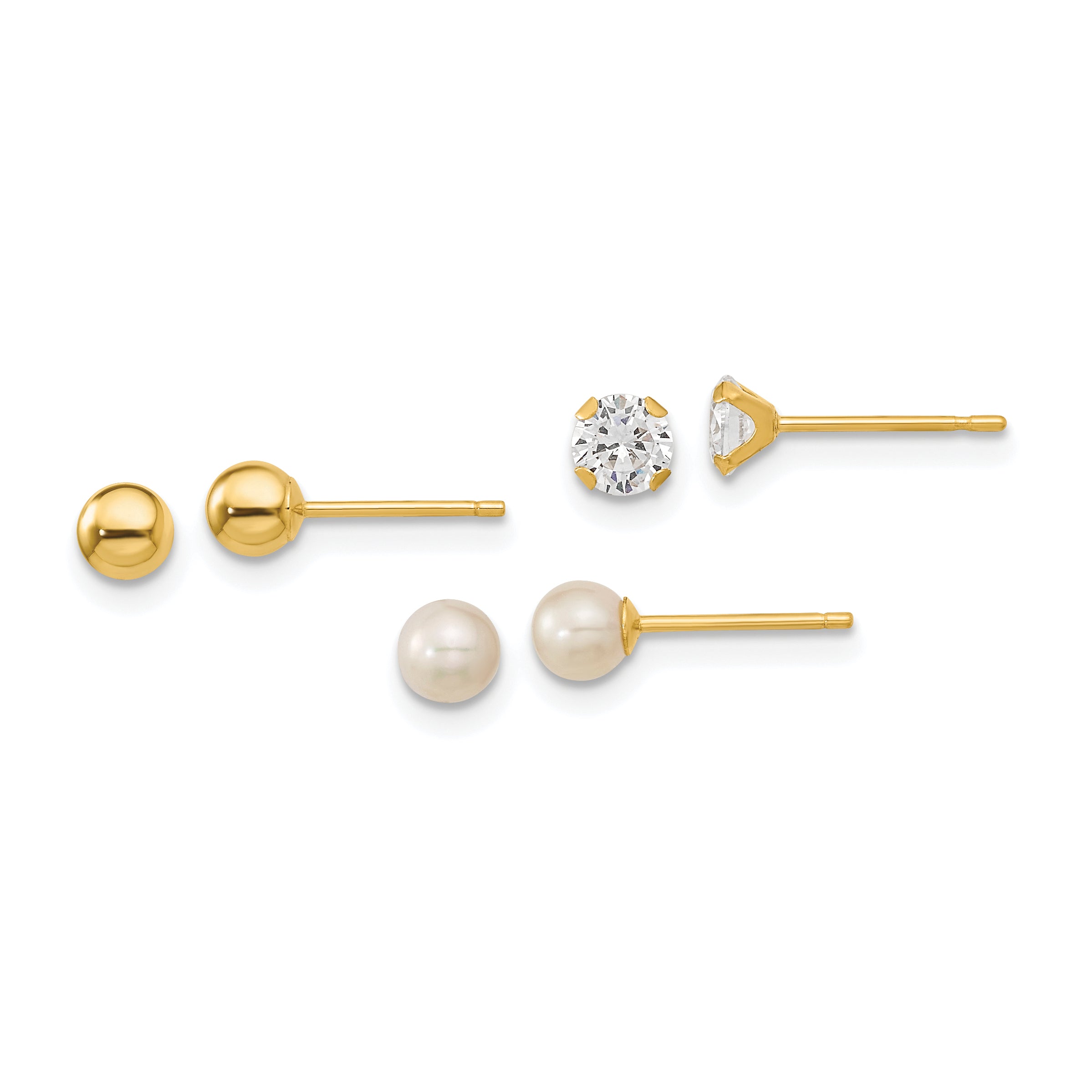 14k Madi K Ball, CZ & Freshwater Cultured Pearl 3 Pair Earring Set