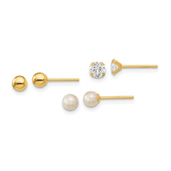 14k Madi K Ball, CZ & Freshwater Cultured Pearl 3 Pair Earring Set