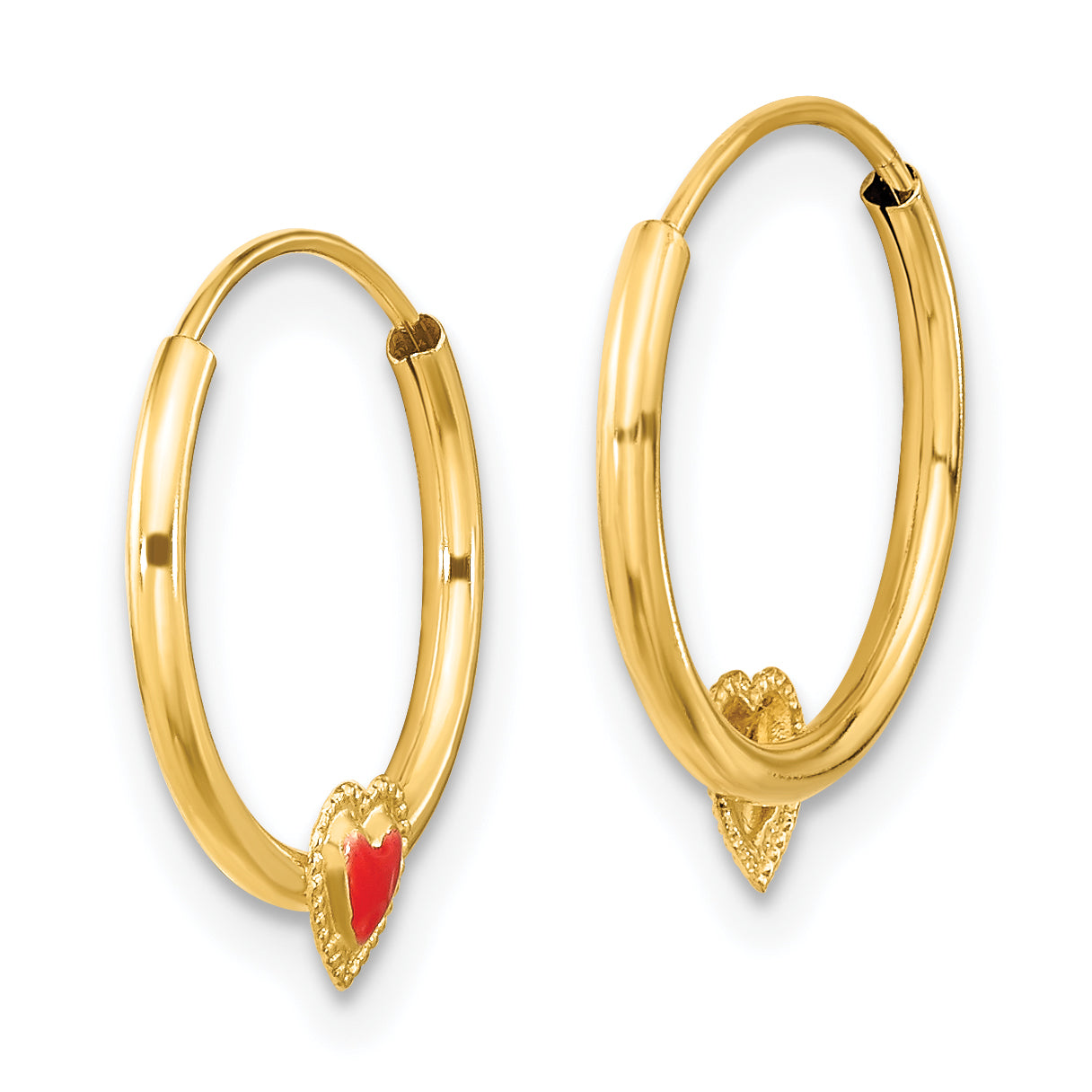 14K Gold Children's Polished Red Enameled Heart Hoop Earrings