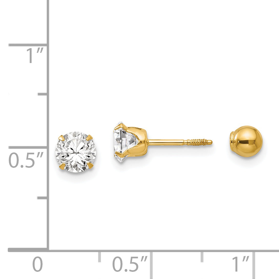 14K Gold Reversible CZ & Ball Stud Earrings for Women