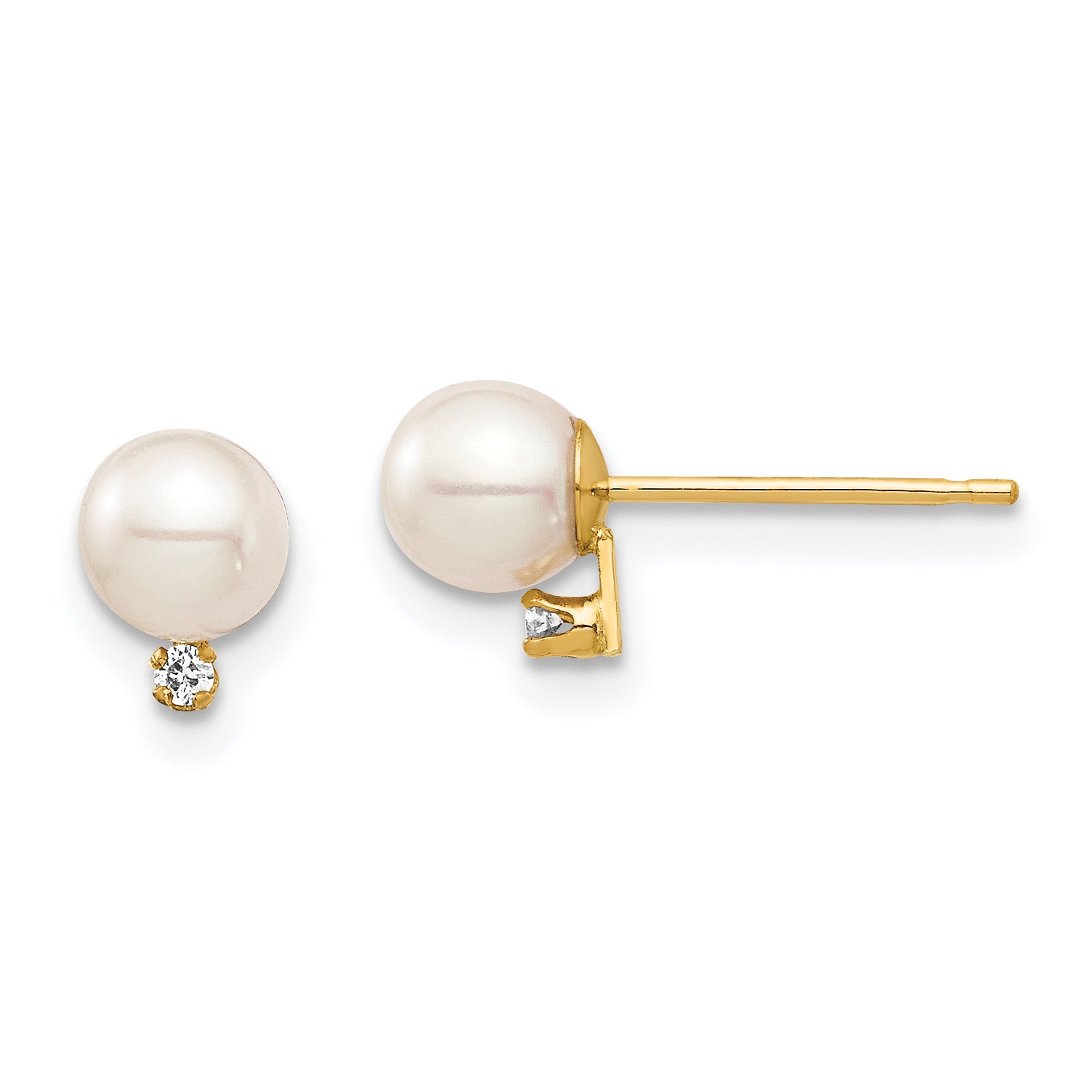 14K Madi K 4-5mm White Round FW Cultured Pearl .02ct Diamond Post Earrings