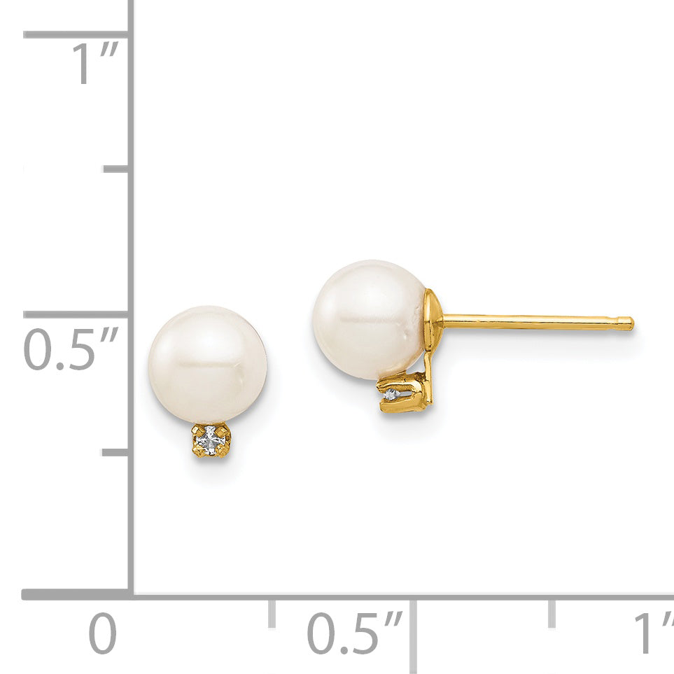 14K Madi K 5-6mm White Round FW Cultured Pearl .02ct Diamond Post Earrings