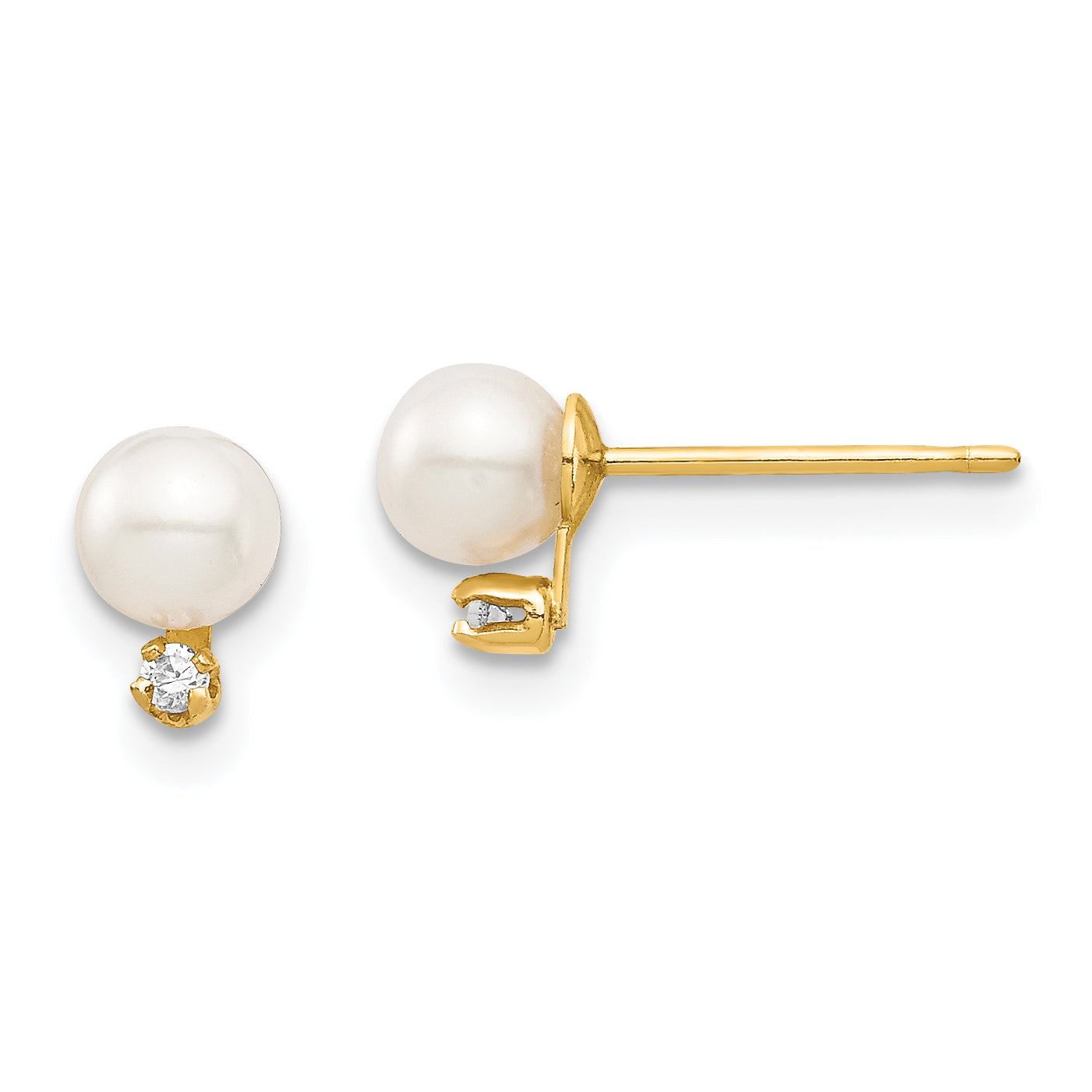 14K Madi K 4-5mm White Round FW Cultured Pearls CZ Post Earrings