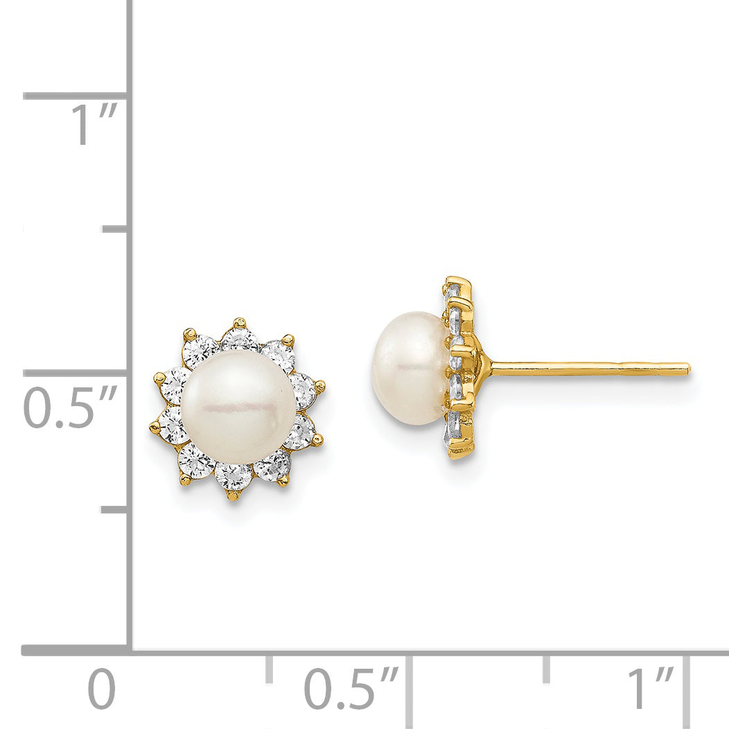 14k Madi K 5-6mm White Button Freshwater Cultured Pearl CZ Post Earrings