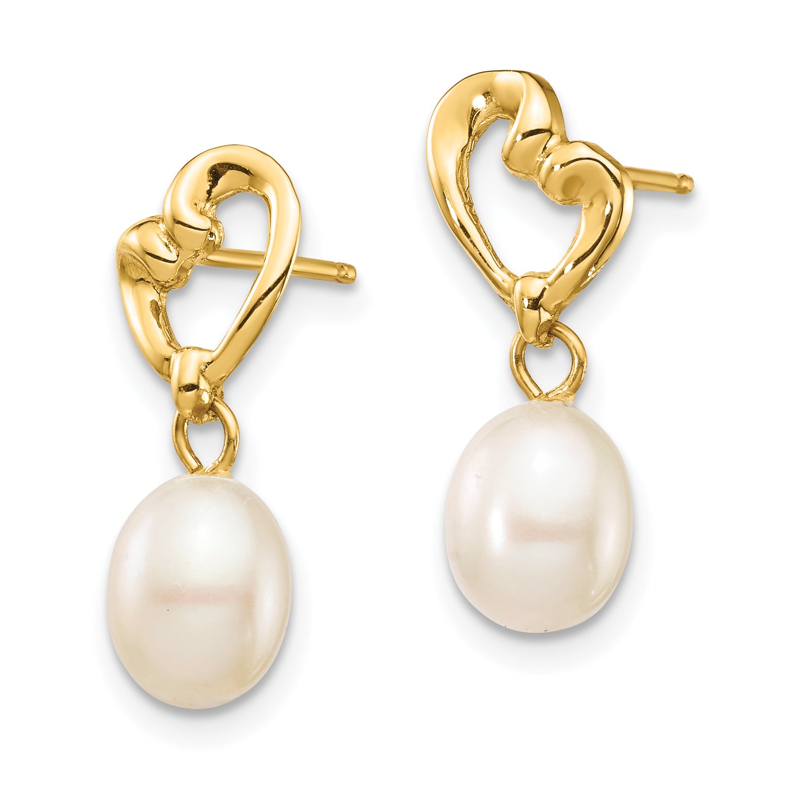 14K Madi K 5-6mm White Rice FWC Pearl Heart Dangle Earrings